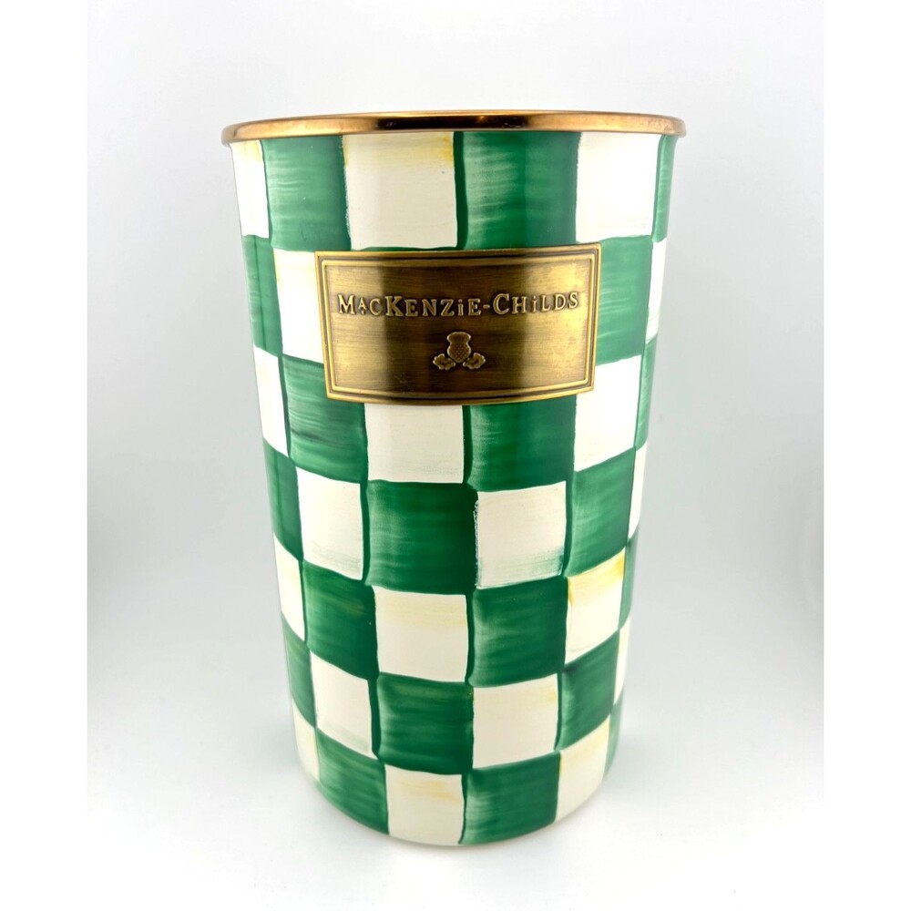 MACKENZIE CHILDS Enamel Utensil Holder Canister Green White Emerald Check NEW